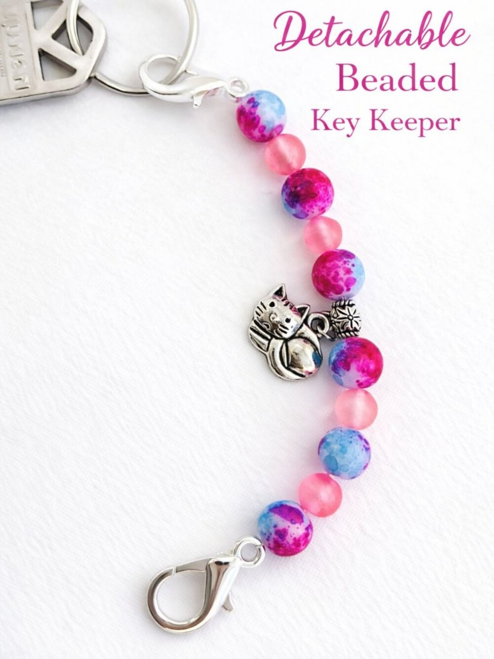 Detachable Beaded Key Keeper | Pink & Blue Marbled Beads + Cat Charm